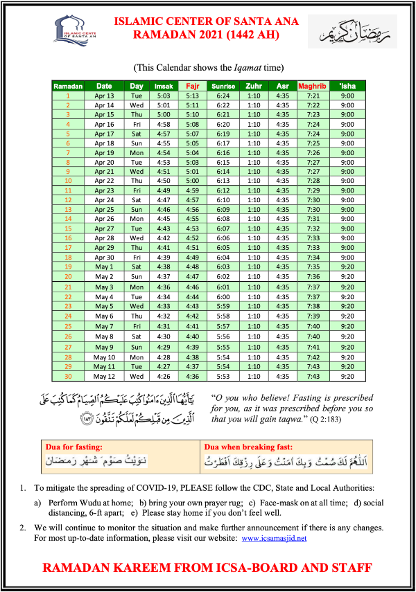 Ramadan Prayer Calendar ICSA Masjid